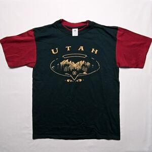Vintage Utah Graphic Colorblock Tee Green Red Mountain Nature Large Shirt 90s